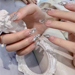 24pcs Nail Art Fake Nails Pink and Silver Glitter Wearing Reusable False Long Ballerina Press on Set Tips 240305