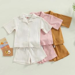 Clothing Sets Toddler Baby Boy Girl Shorts Set Solid Colour Short Sleeve Button Down T-Shirt Top And Waffle Outfit Clothes Summer