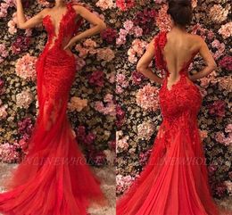 Red Evening Dresses Sexy Sheer Backless Mermaid Jewel Neck Lace Appliques Tulle Long Party Ocn Gowns Prom Dress Custom M