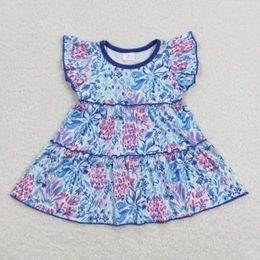 Clothing Sets RTS Baby Girls Wholesale Flutter Sleeve Water Flowers Ruffle Tunic Navy Blue Color Milk Silk Shirts Tops Spring Kid Dress