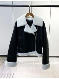 Women's Jackets Jacket 2024 Fall Leather Plush Splicing Zipper Thickened Warm Fashion Asymmetric Casual Coat