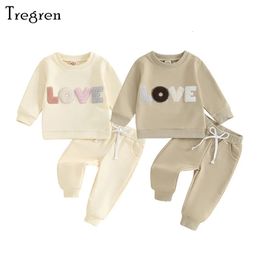 Tregren 03Y Toddler Baby Girls Outfit Plush Letter Embroidery Long Sleeve Sweatshirt Elastic Pants 2pcs Set Infant Fall Clothes 240314