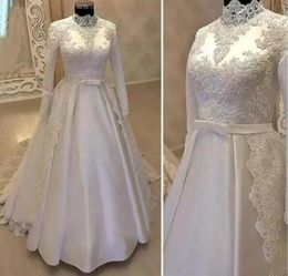 Arabic Dubai Modest Plus Size Muslim Wedding Gowns Jewel Neck Satin Long Sleeves Lace Appliues Bridal Dress Robe De Mariage Custom3463002