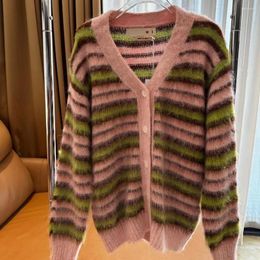 Women's Knits Women Cardigan Loose Korean Style Striped V-neck Casual Classic Sweater Mohair Soft Fitness Outwear