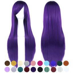 Synthetic Wigs Lace Wigs 80cm Long Straight Synthetic Hair Dark Purple Cosplay Wigs with Bangs Halloween Costume Wig for Women 240329
