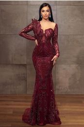 Arabic Aso Luxurious Ebi Dark Red Evening Dresses Beadings Sheer Sleeve Illusion Tulle Satin Long Party Ocn Gowns Formal Vestidos Prom BC