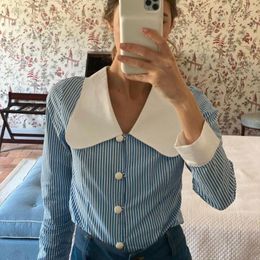 Women's Blouses 2024 Spring And Summer Arrival Comfortable Cotton Stripe Printed Two-color Lapel Ladies Shirt