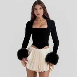 Women's T Shirts Autumn Winter Patchwork Fur Female Tops Sexy Clothes Square Neck Velvet Long Sleeve Cropped Top For Women Y4839
