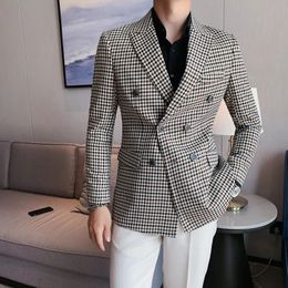 British Style Slim Fit Houndstooth Blazer For Men Fashion Double Breasted Business Office Wedding Dress Suit Jacket 240313