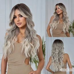 Synthetic Wigs Cosplay Wigs Long Grey Blonde Synthetic Wig for Women Ombre Blonde Wavy Wig with Bangs Natural Looking Daily Party High Temperature Fake Hair 240327