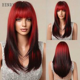 Synthetic Wigs Cosplay Wigs HENRY MARGU Long Straight Layered Wigs With Bangs Ombre Red to Black Wig Heat Resistant Fibre Natural Synthetic Wig for Women 240329