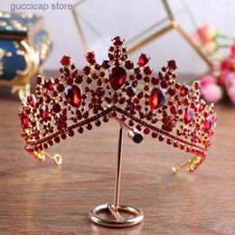 Tiaras Luxury Gold Color Red Rhinestone Bridal Tiaras Crown Vintage Baroque Crystal Diadem For Bride Headbands Wedding Hair Accessories Y240319