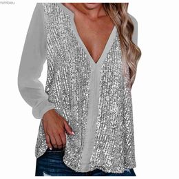 Women's T-Shirt Sexy Womens Sequin T-Shirt V-Neck Casual Long Sleeve Foldable Blouse Solid Colour Tops Womens Fashion Oversized Blouse 2023C24319