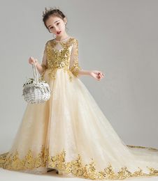 Artistic Champagne Tulle/Lace Half Sleeves Applique Flower Girl Dress Girl's Pageant Dresses Party/Birthday Dresses Girl's Skirt Custom SZ 2-12 D319027