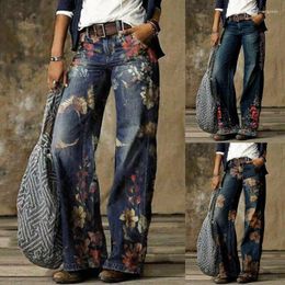 Women's Jeans Retro Printed Pocket High Waist Casual Loose Wide-leg Pants Disco Dance Performance Street Wear S-3XL