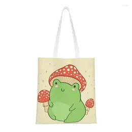 Shopping Bags Kawaii Frog With Mushroom Hat And Toadstools Bag Canvas Shopper Shoulder Tote Cottagecore Aesthetic Forg Handbag