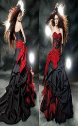 Black And Red Gothic Wedding Dresses 2019 Vintage Court Style Sweetheart Ruffle Taffeta Floor Length Big Bow Sexy Corset Bridal Go6921536