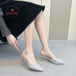 Slippers Fashion Ladies Beach Mules 2024 Summer Elegant Women's Pointed Toe Simple Nude White Square High Heels Women
