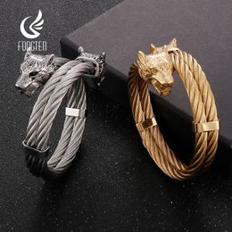 Fongten Punk Wolf Open Bracelets For Men Rotre Stainless Steel Twist Cable Animal Head Wristband Men Bangles Hip Hop Jewellery 240315