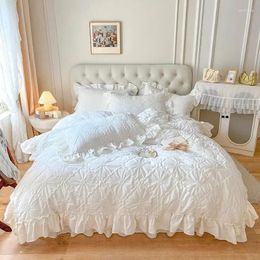 Bedding Sets 4Pcs Pinch Pleated Textured Duvet Cover Set Washed Cotton Pintuck White Comforter 160X200cm Bedskirt Pillow Shams