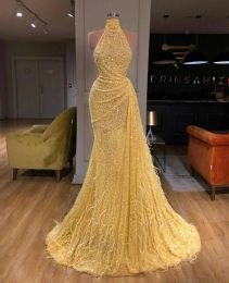 2024 Yellow Mermaid Arabic Prom Dresses High Collar Sleeveless Sexy Evening Gowns Backless Sweep Train Formal Party Dress robes de soiree