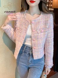 Womens Jacket Autumn Winter Pink Tweed Small Fragrance Coat Short Korean Fashion Advanced Sense Temperament Tops Cardigan 240307