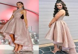 Hi Lo Rose Gold Prom Dresses Ball Gown High Neck Ruched Asymmetrical Skirt Party Dress Elegant Formal Evening Dress vestido de nov6847435