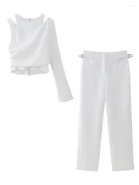 Women's Two Piece Pants Women Fashion Set White Back Zipper One Shoulder Shirts & Vintage Straight Leg Female Chic Suit