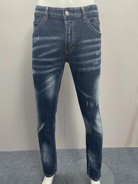 Men's Jeans 2024 Spring/Summer Fashion Washed And Worn Hole Patch Speckled Ink 3D Cutting Small Feet Grey For Men