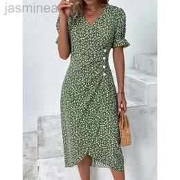 Basic Casual Dresses Floral H shaped Midi Dress V Sleeve Waist Ruched Button Dresses Women Summer Dress Robe 240319
