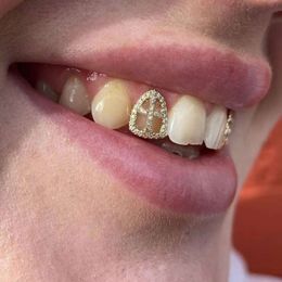 RACHELZ Hip Hop Hollow Zircon Cross Teeth Grillz 14K Gold Plated CZ Stone Tooth Caps Decor Dental Grills for Women Men Jewellery