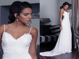 2019 Simple Elegant Lace Sheath Wedding Dresses Spaghetti Straps Summer Beach Backless Bridal Gowns A Line Chiffon Cheap Custom Dr5958475