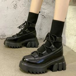 Boots Rimocy Elastic Knitting Chunky Ankle Boots for Women Black Wedges Platform Sock Boots Woman Fashion Lace Up High Heels Shoes