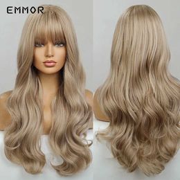 Synthetic Wigs Lace Wigs Emmor Synthetic Long Blonde Wavy Wigs for Women Hair Soft Natural Light Blond Wig with Bangs Heat Resistant Fiber Hair Wig 240328 240327