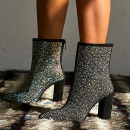 Boots 2023 Women Crystal Party Ankle Boots Sexy 11cm High Heels Diamond Lady Chunky Boots Short Fetish Stripper Booties Glitter Shoes