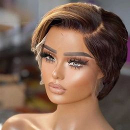 Synthetic Wigs Highlight Pixie Cut Wig Short Bob Wig Straight Human Hair Wigs For Women Side Part Transparent Lace Wig Natural Pre plucked 180% 240329