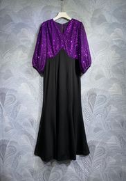 2024 Spring Purple Contrast Colour Panelled Dress Long Sleeve V-Neck Sequins Midi Casual Dresses F4M181650