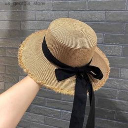 Wide Brim Hats Bucket Hats 2024 Womens Summer Outdoor Versatile Fur Brimmed St Hat Flat Sun Hat Small Fresh Bow Beach Hat Trend Y240319