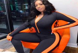 Winter Long Sleeve Side Neon Orange Stripe Bodycon Fitness Jumpsuit Women Black Zip Romper Tracksuit Overalls Bodysuit Sportwear 23207868