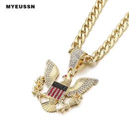 Bald Eagle badge necklace Pendant Charm Animal Chain Necklace Gold Colour Iced Out Crystal Cuban chain Men Hip Hop Jewellery gift 240315