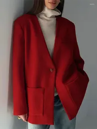Women's Jackets Elegant Red V-neck Pocket Jacket For Women Casual Long Sleeve Button Blazer Coat Female 2024 Spring Chic Office Lady