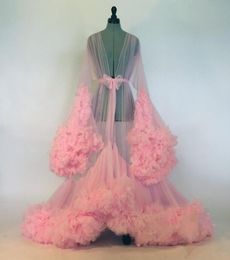 Sexy Women Ruffles Pink Sleepwear For Prom Dress Women Bathrobe Sheer Nightgown Long Sleeve Evening Dress Robe Prom Bridesmaid Sha9984588