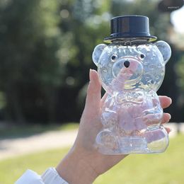 Water Bottles 2pcs Juice Drink Cup Milk Tea Bottle Transparent Bear Beverage Drinking 420ml Hat Plastic