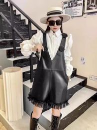 Women's Shorts Spring Women Sheepskin Genuine Leather V-Neck Overalls Loose Fit Design Flower Lace High Waist Casual Wide Leg