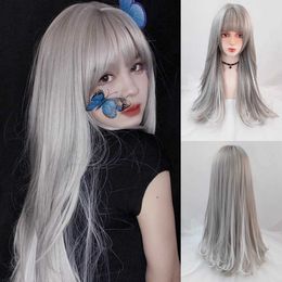 Synthetic Wigs Lace Wigs RANYU Long Gray Straight Wig Synthetic Wigs With Bangs for Women Cosplay Lolita Daily Party Heat Resistant Fiber 240328 240327