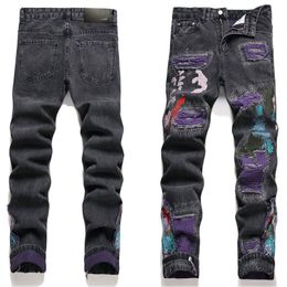 Mens Robin Jeans Ripper Denim Long Pants Skinny fit Slim Men's stretch Biker Stacked Jean Patchwork Distressed Embroidery Designer Top Quality size 28-40