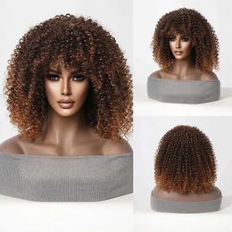 Synthetic Wigs Cosplay Wigs Bounce Curly Synthetic Wigs With Bangs Dark Brown Ombre Afro Kinky Short Wigs for Women Daily Wig Use Heat Resistant Female 240328 240327