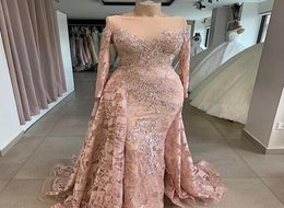 Vintage Blush Mermaid Prom Pageant Dresses with Long Sleeve 2020 Jewel Neck Lace Beaded Sheer Neck Trumpet Arabic Occasion Evening8861172