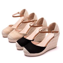 HBP Non-Brand Custom Jute Sole Women Espadrille Shoes Round Toe Ankle Strap Wedge Sandals