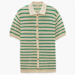 Men's Casual Shirts Fashion Striped Knitted Men Leisure Short Sleeve Buttoned Turn-down Collar Knit Tops For Mens Knitwear Summer Wear